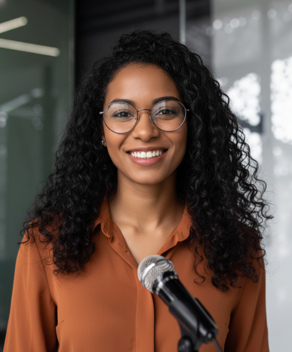 Black woman storyteller speaking at a microphone – BLK Collective Media Group creator-driven ecosystem